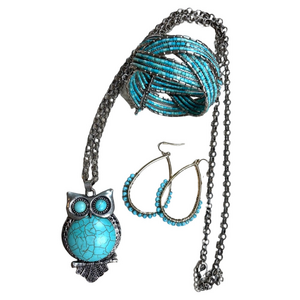 Vintage Turquoise Owl Pendant Necklace, Cuff bracelet and Earring Set